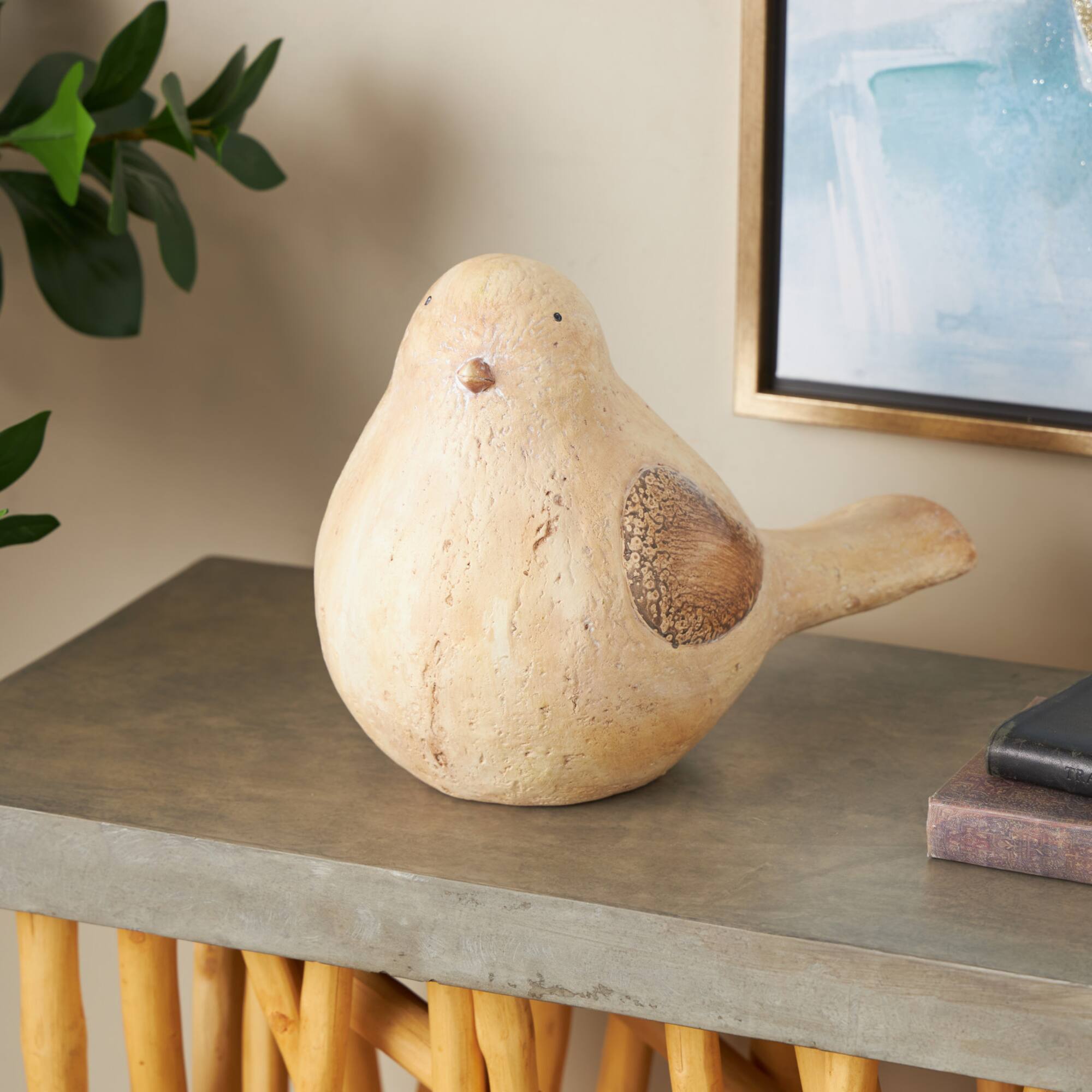 9.25" Cream & Brown Magnesium Oxide Bird Sitting Garden Sculpture